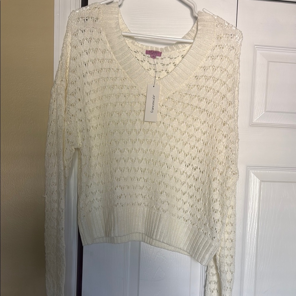 Miami Cream V-Neck Sweater Lightweight Open-Weave